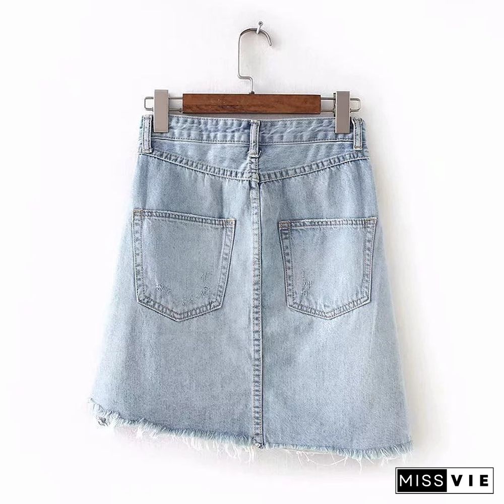 Vintage Washed Distressed Notched Light Denim Mini Skirt