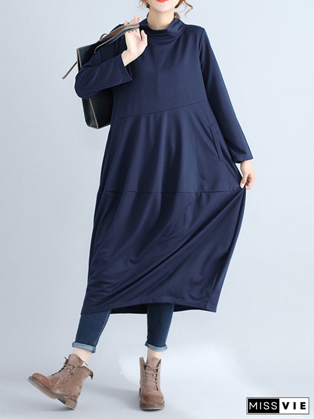 Casual Loose Plus Size Solid Color Hooded Midi Dresses