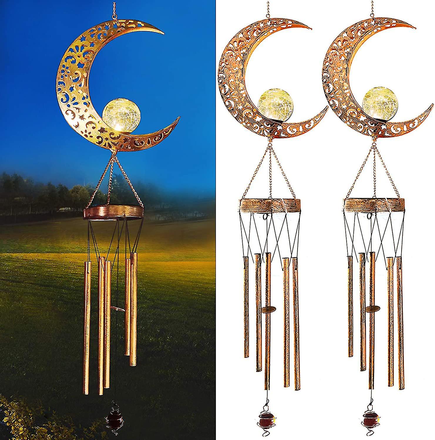 2-pack Solar Moon Light Wind Chime Metal Crack Glass Garden Decoration Gift