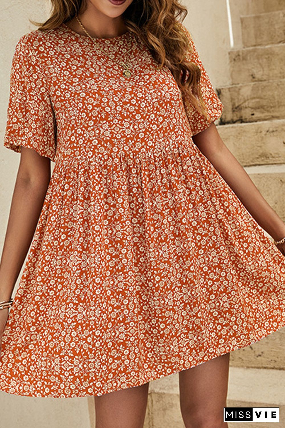 Flower Printing Short Sleeve Mini Dress