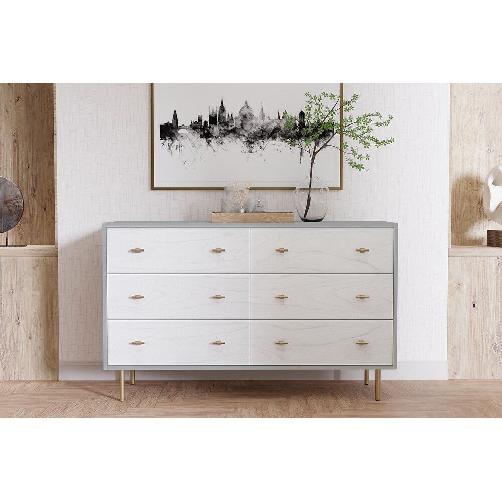 Origins by Alpine Saige Wood 6 Drawer Dresser in Weathered White Gray