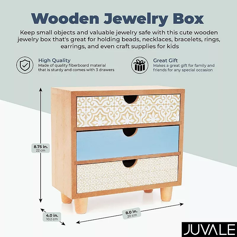 Wooden Jewelry Box， 3 Drawer Organizer (9 x 4 x 8 In)