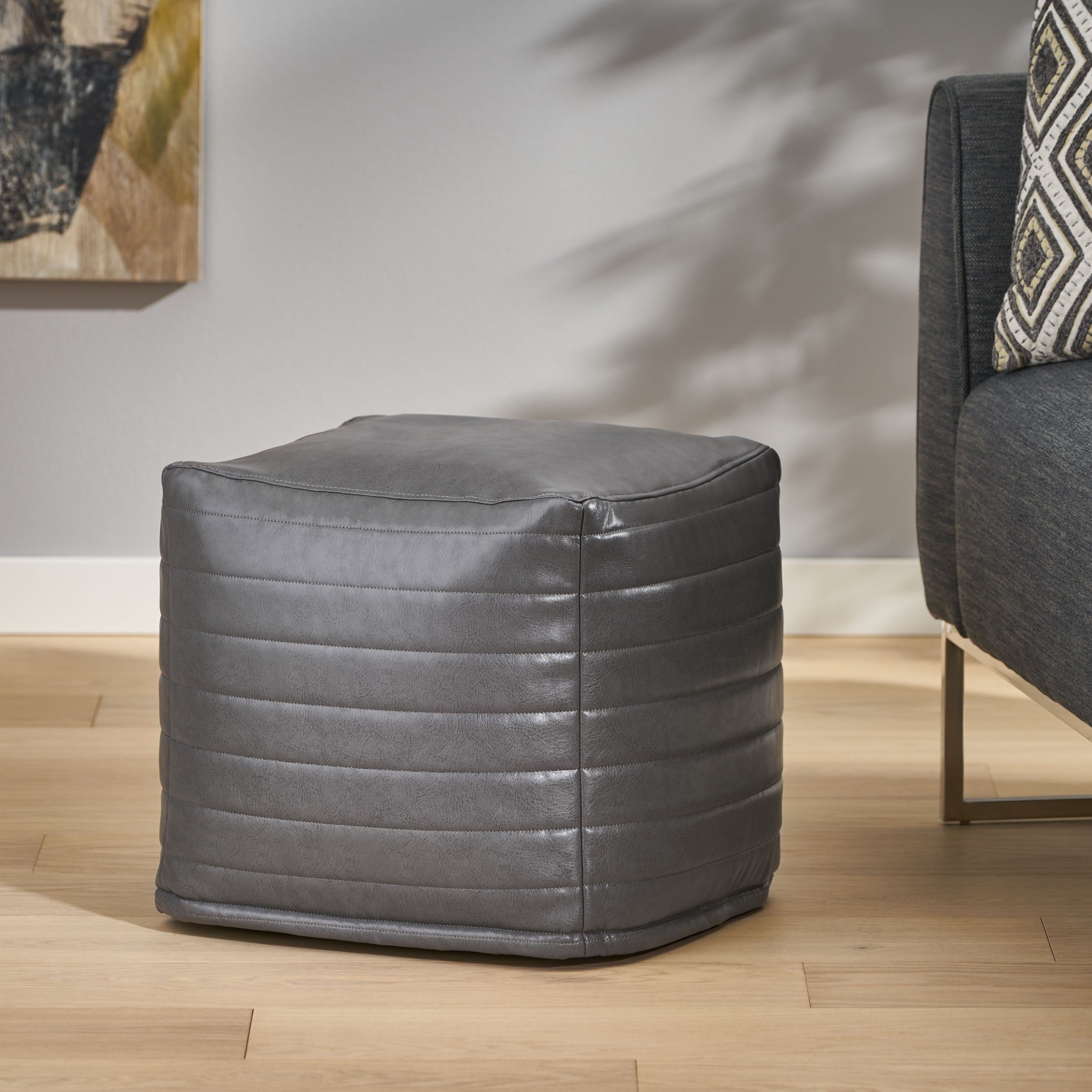 Conrail Contemporary Faux Leather Channel Stitch Pouf