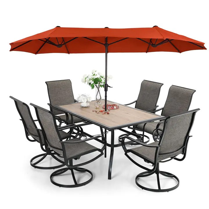 8 Pieces Patio Dining Set with Umbrella,Outdoor Furniture Set with 6 Sling Dining Swivel Chairs