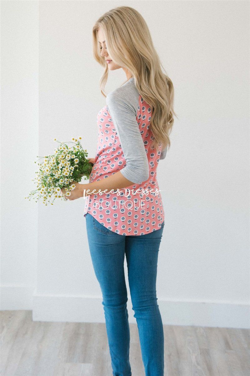 Pink Pinwheel Floral Baseball Sleeve Top