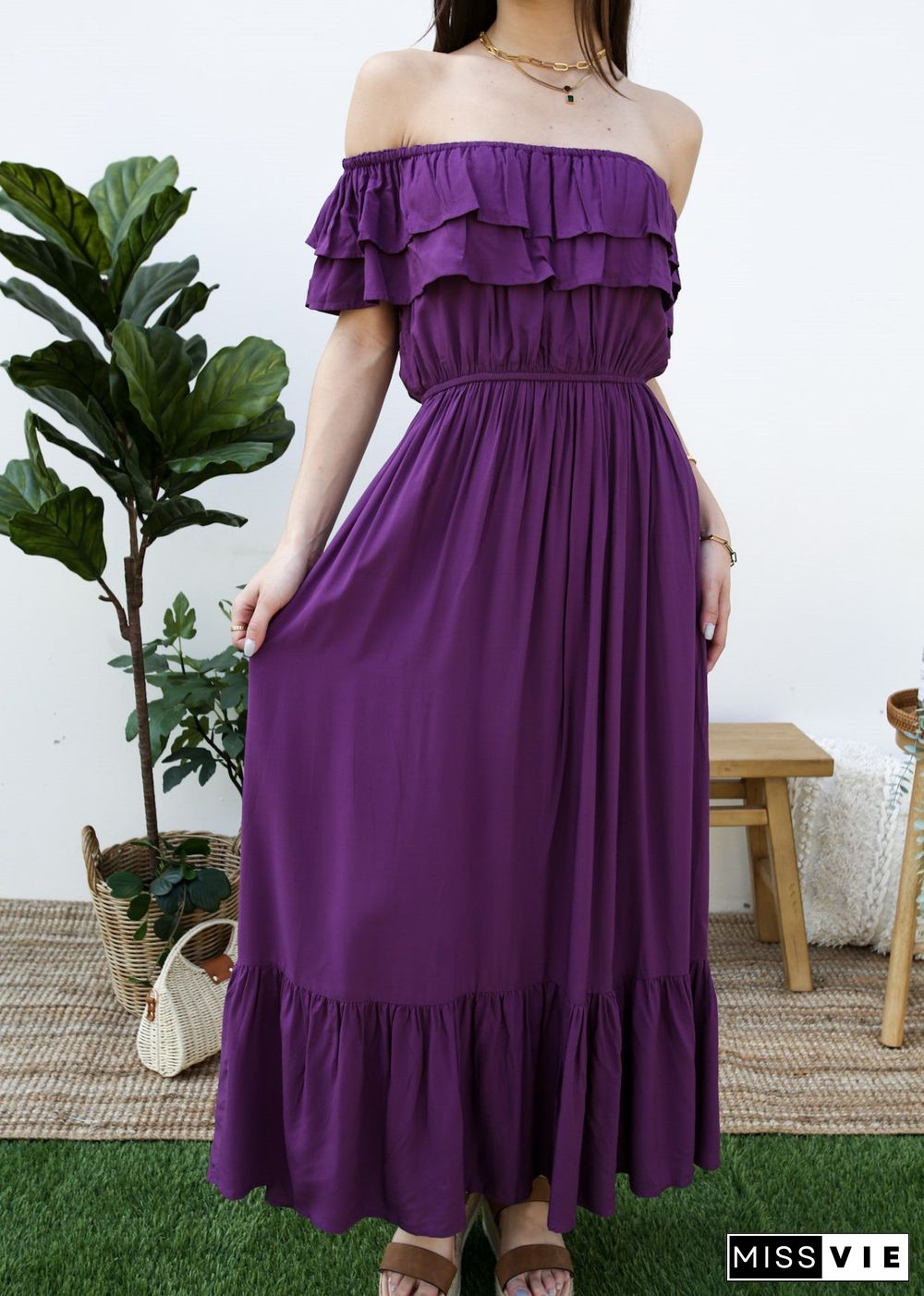 Grecian Ruffle Stretch Maxi Long Dress