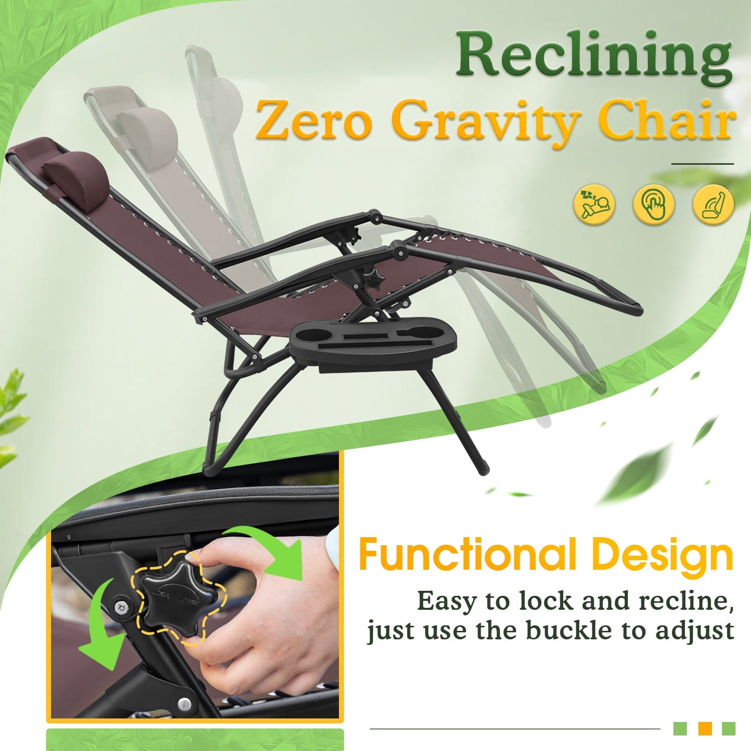 Lacoo Patio Zero Gravity Chair for 2 Adjustable Recline Pack of 2, Brown