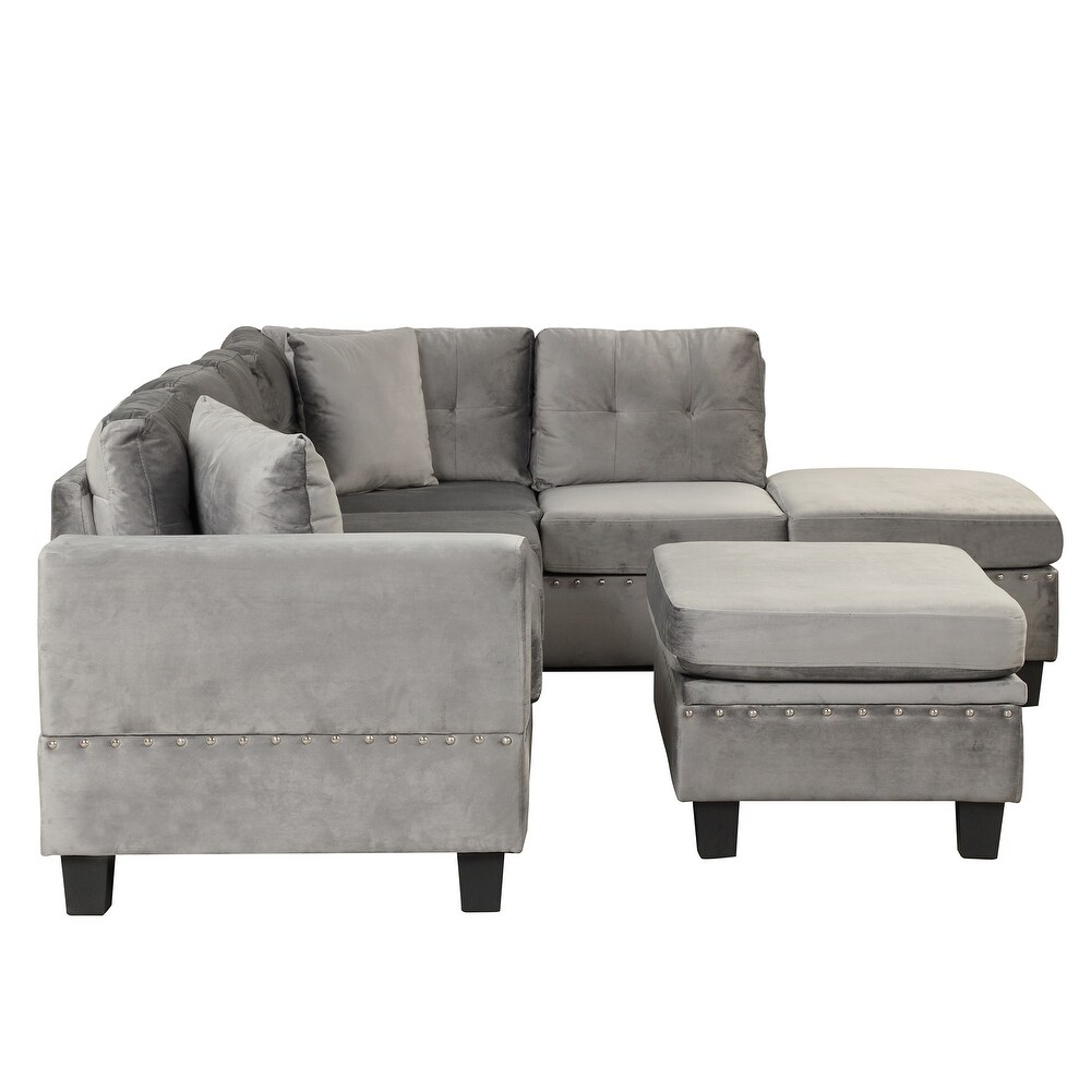 Modern Sectional Sofa with Storage Ottoman and Reversible Chaise L Shape Couch with Pillows and Cup Holder for Living Room  Gray