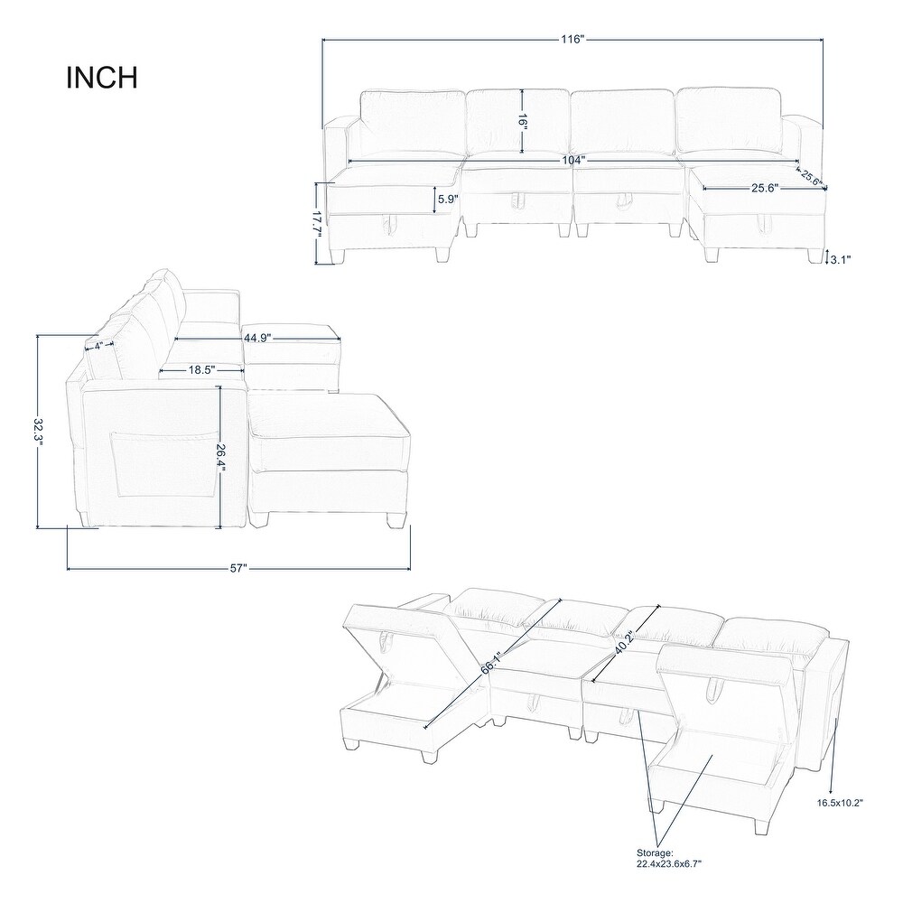 Velvet 116'' Square Arm Sectional Sofa 6 Seater Living Room Sofa with Multiple Storage Spaces and Adjustable Backrest