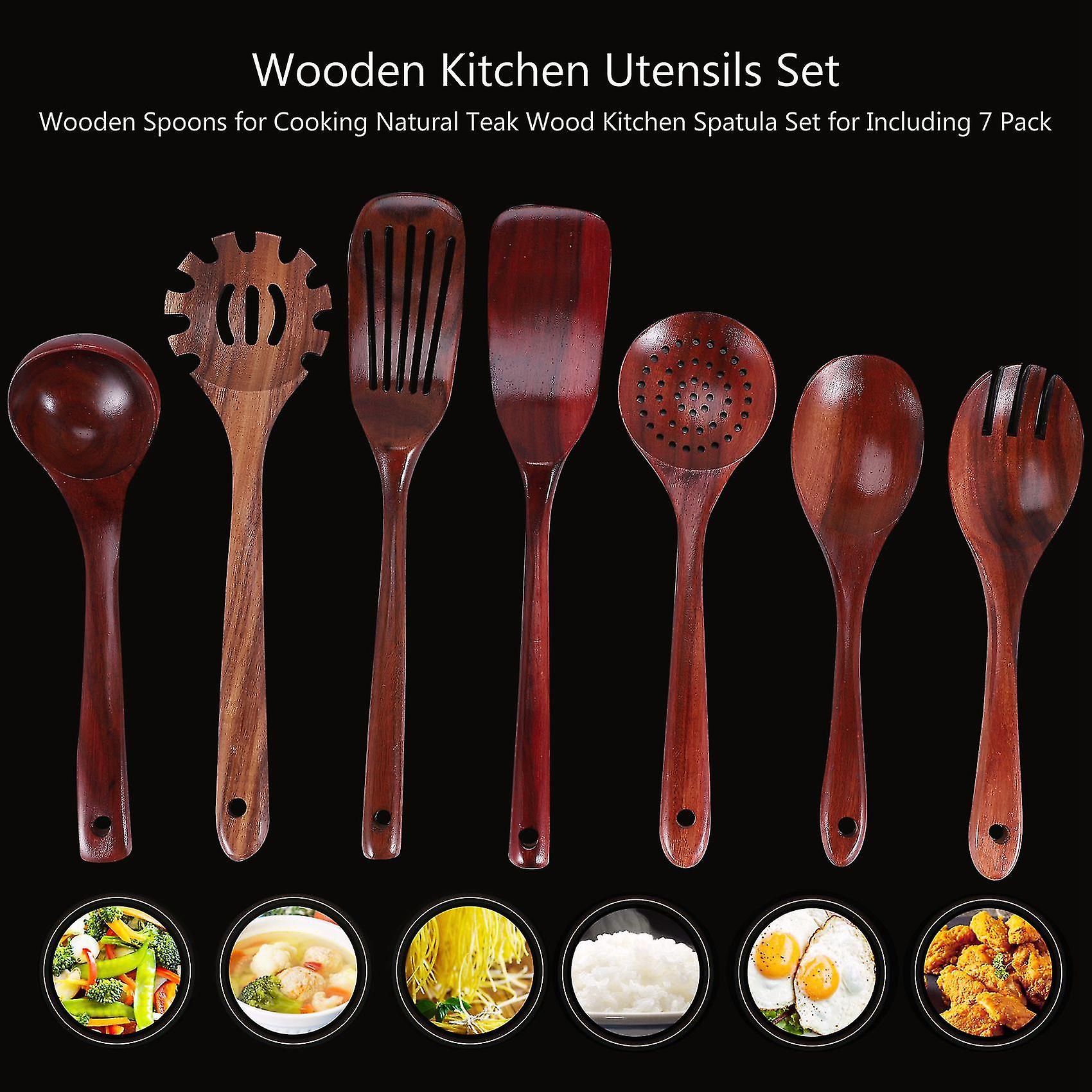 Wooden Kitchen Utensils Set，wooden Spoons For Cooking Natural Teak Wood Kitchen Spatula Set For Inc