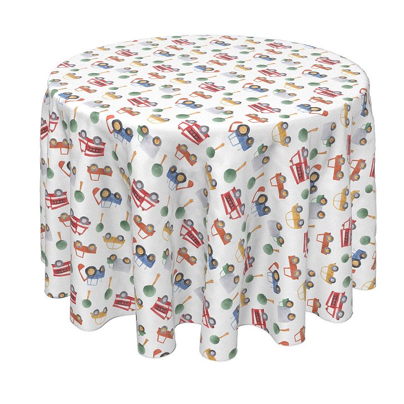 Round Tablecloth， 100% Polyester， 70 Round， Trucks， Tractors and Cars