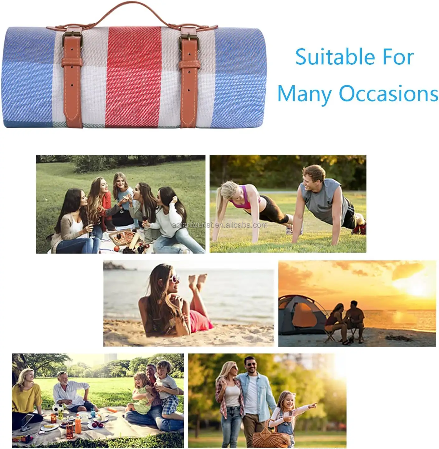 Outfoor Custom Folding Extra Acrylic Travel Blanket Folding Blanket Grass Mat With Leather Strap LOGO