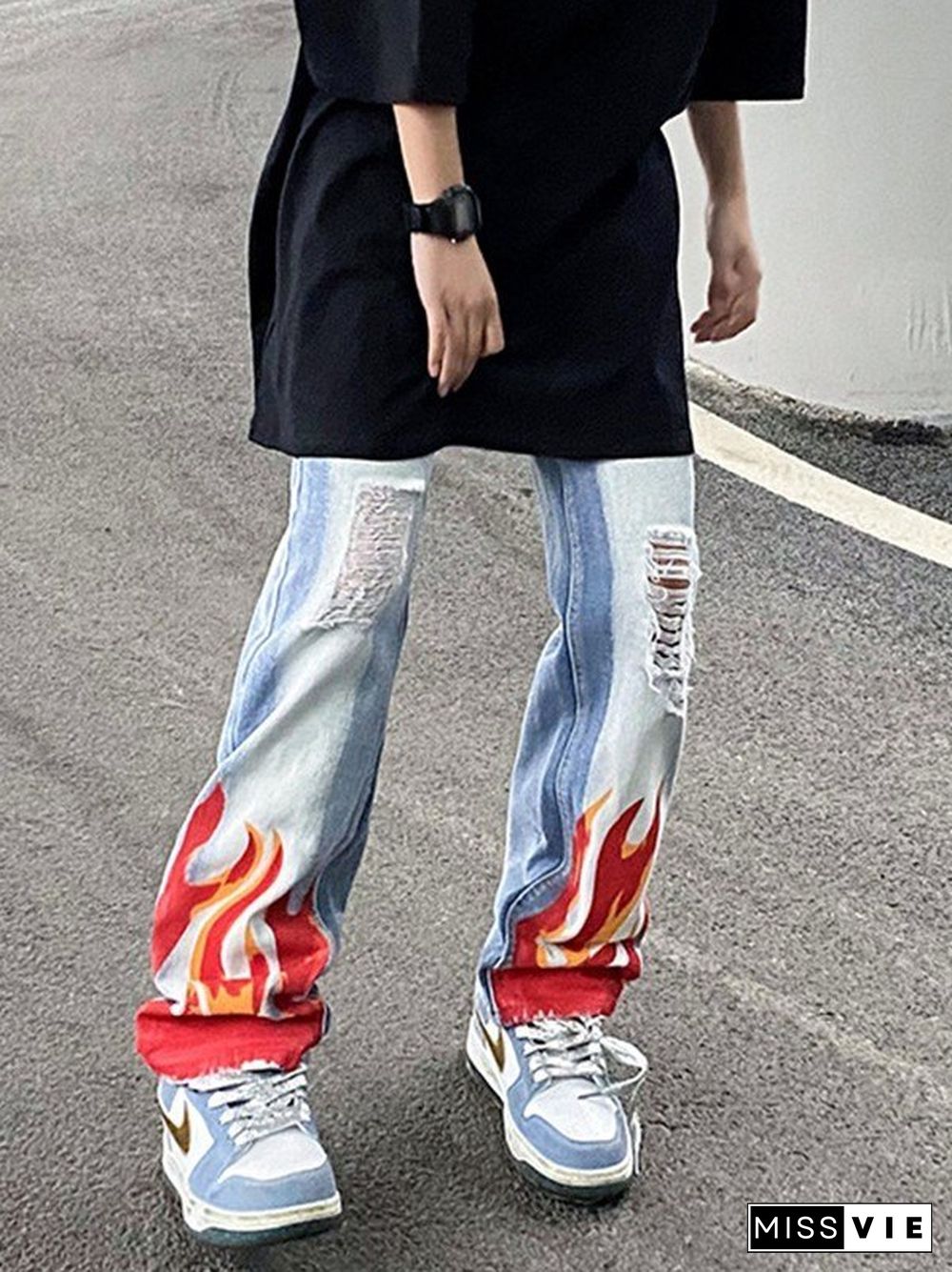 Bleached Flame Print Ripped Jeans