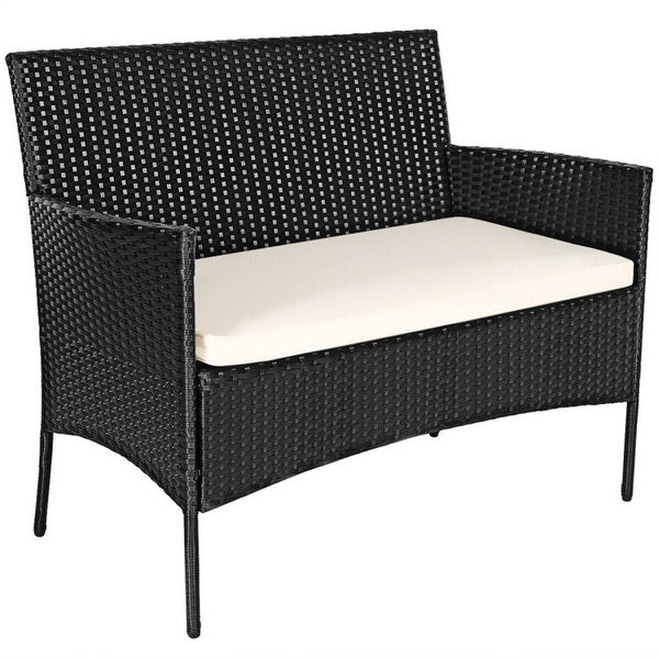 4 Pieces Patio Rattan Cushioned Sofa Set with Tempered Glass Table - Overstock - 37909387