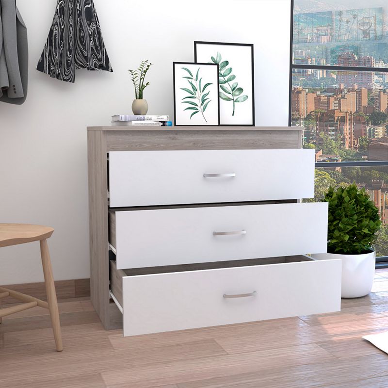 DEPOT E-SHOP Zurich Three Drawers Dresser， Metal Hardware， Superior Top， Light Gray / White