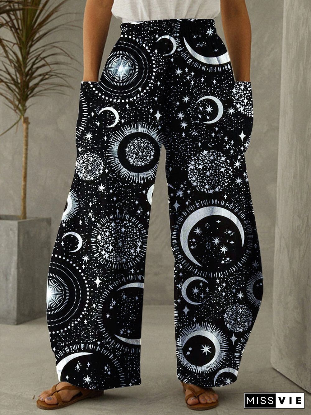 Sun And Moon Boho Mystical Print Vintage Pants