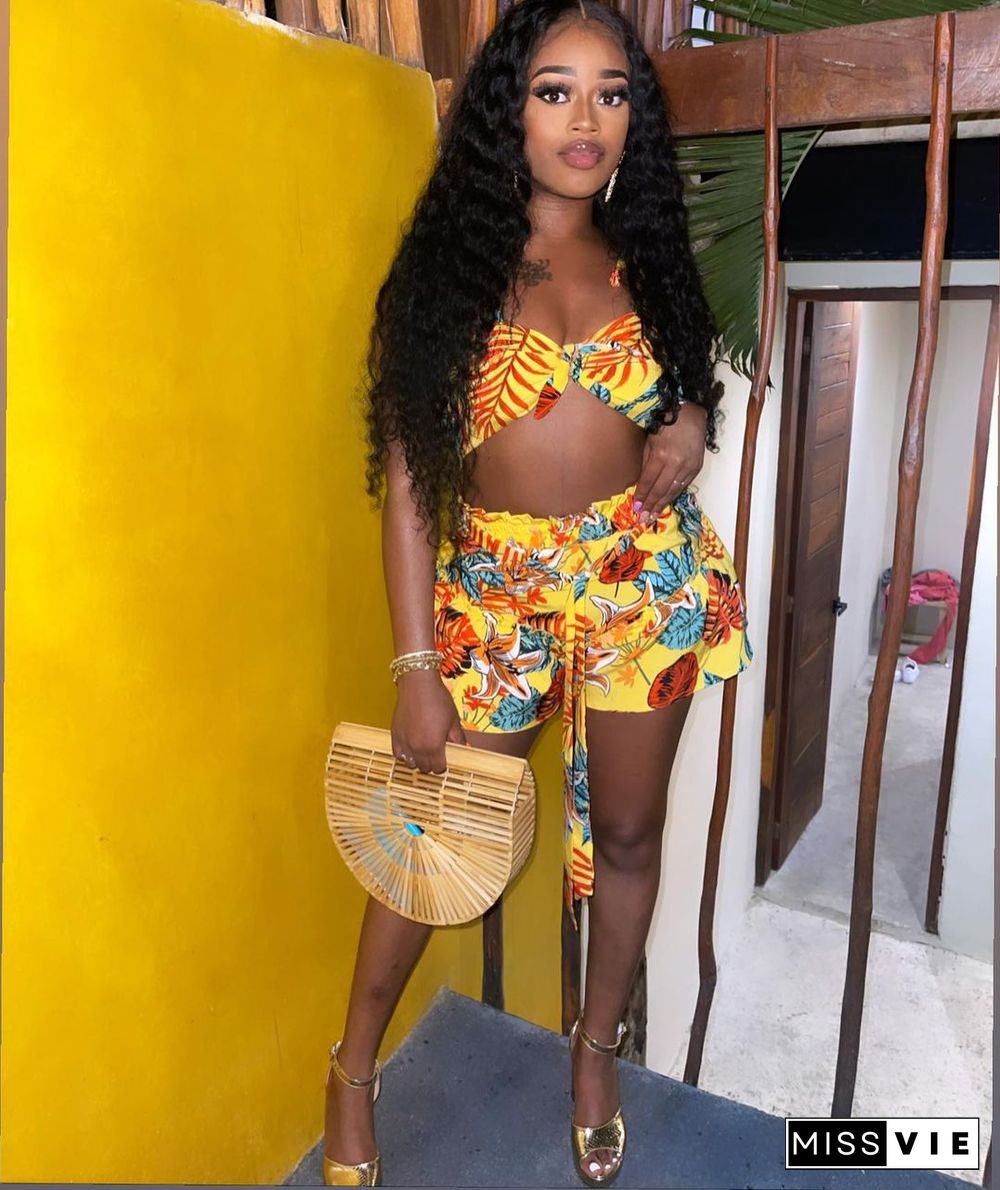 Vacation Printed Bandage Crop Top 2 Piece Shorts Sets