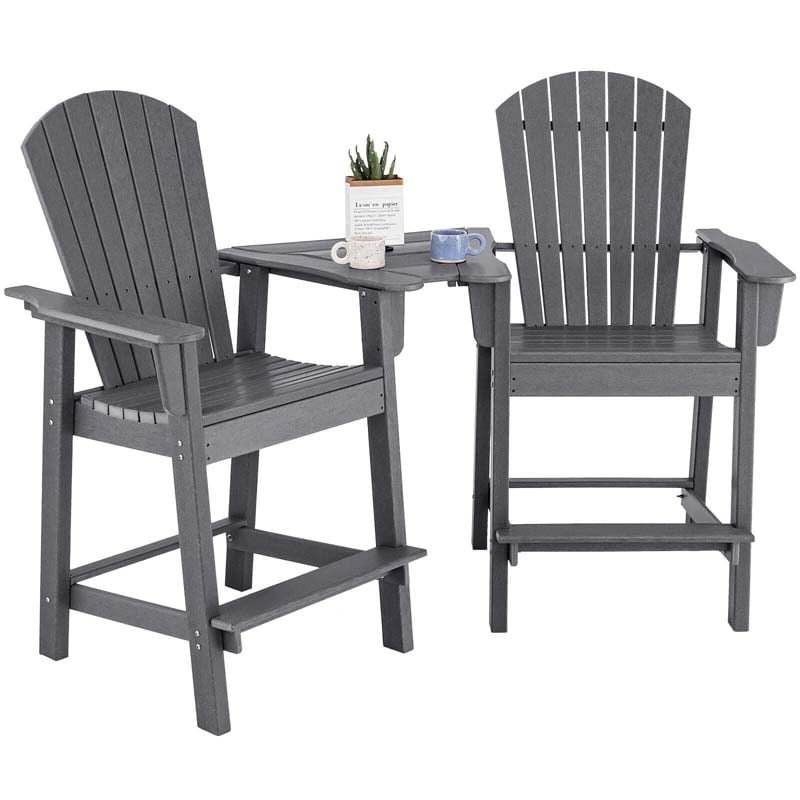 Set of 2 Tall Adirondack Chair, HDPE Adirondack Barstools with Middle Connecting Tray & Umbrella Hole