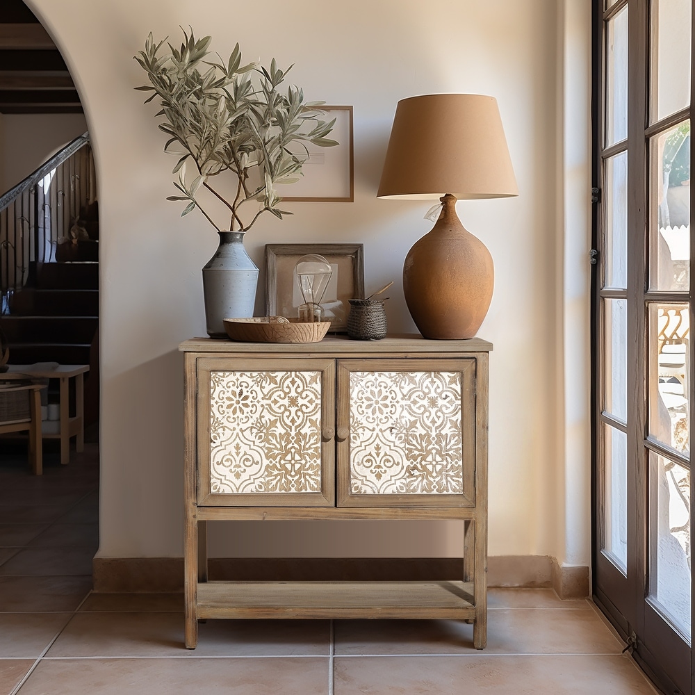 Rustic Natural Wood 2 Door Floral Storage Cabinet