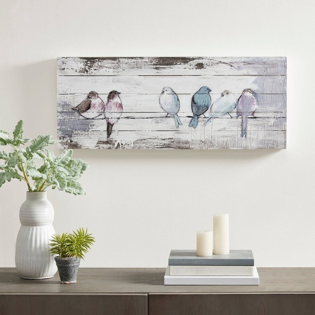 X 12 quot Perched Birds Hand Painted Wood Plank White gray