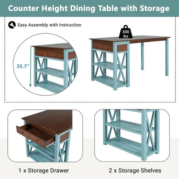 4-Piece Dining Table and Chair Set Counter Height with Storage Rack and Drawer with 2 Stools and Benches for Kitchen