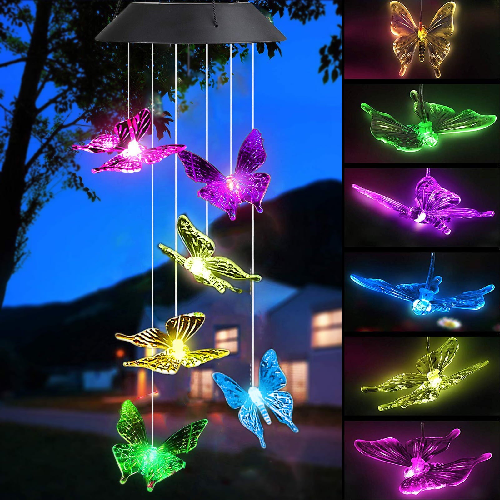 TSV Solar Changing Color Butterfly Wind Chime， Solar Powered LED Hanging Wind Belles Light， Waterproof， for Outdoor Indoor Gardening Yard Pathway