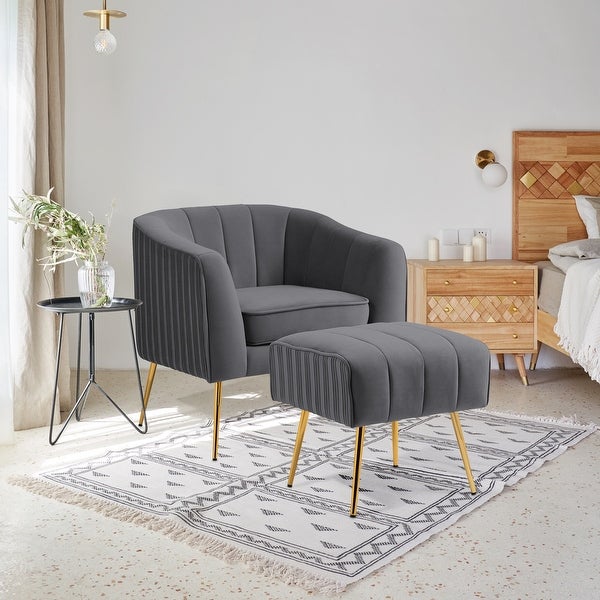 Modern Velvet Barrel Arm Accent Chair with Ottoman