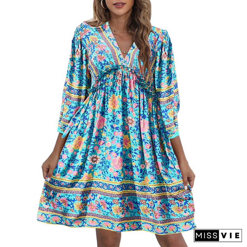 Bohemian Print V-neck Bubble Sleeve Big Swing National Style Dress Women's Wear