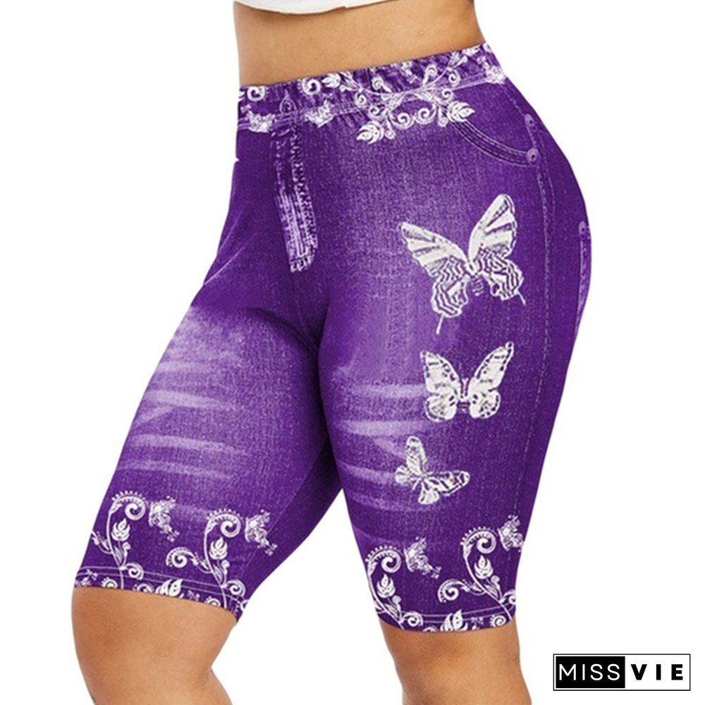 Women's Fashion 3D Butterfly Floral Print Denim Shorts Leggings Plus Size Jeggings Shorts Leggings