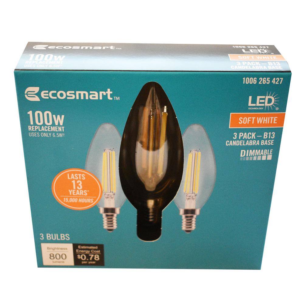 EcoSmart 100-Watt Equivalent B13 Blunt Tip Dimmable E12 Candelabra Clear Glass LED Vintage Edison Light Bulb Soft White (3-Pack) FG-04224