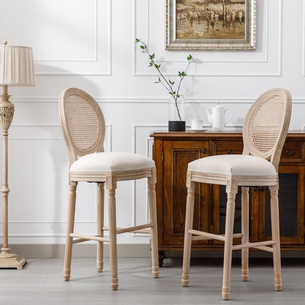 French Wooden Upholstered Barstools With Rattan Back ， Set of 2