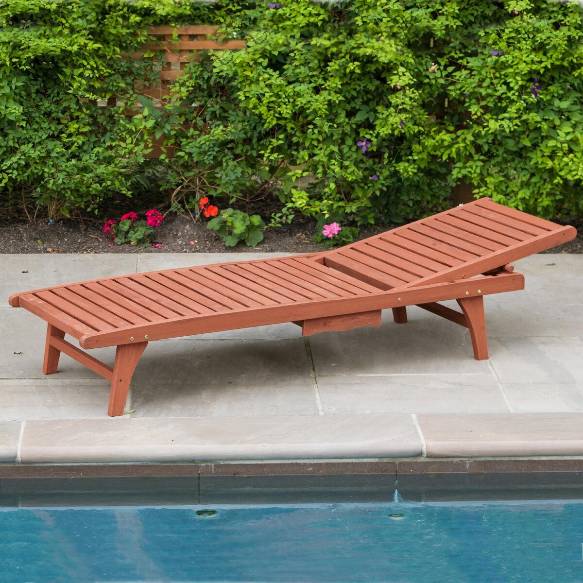 Leisure Season Wood Patio Chaise Lounge With Pull-Out Tray