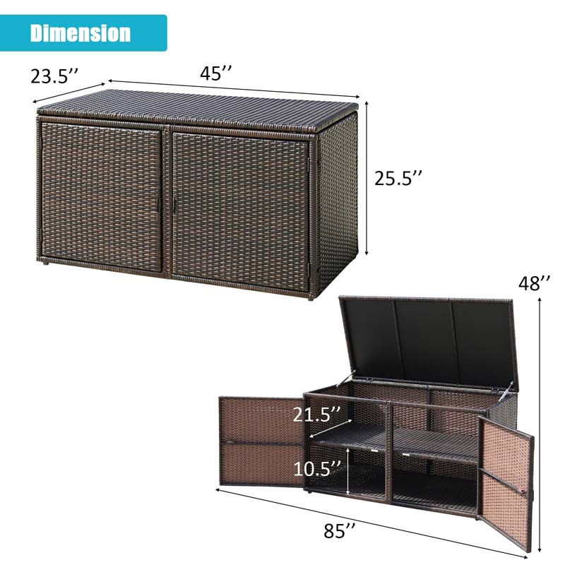 88 Gallon Patio Wicker Storage Box Rattan Deck Bench with Openable Door