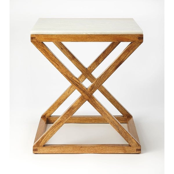 Modern Marble and Wood Square End Table - Natural Wood