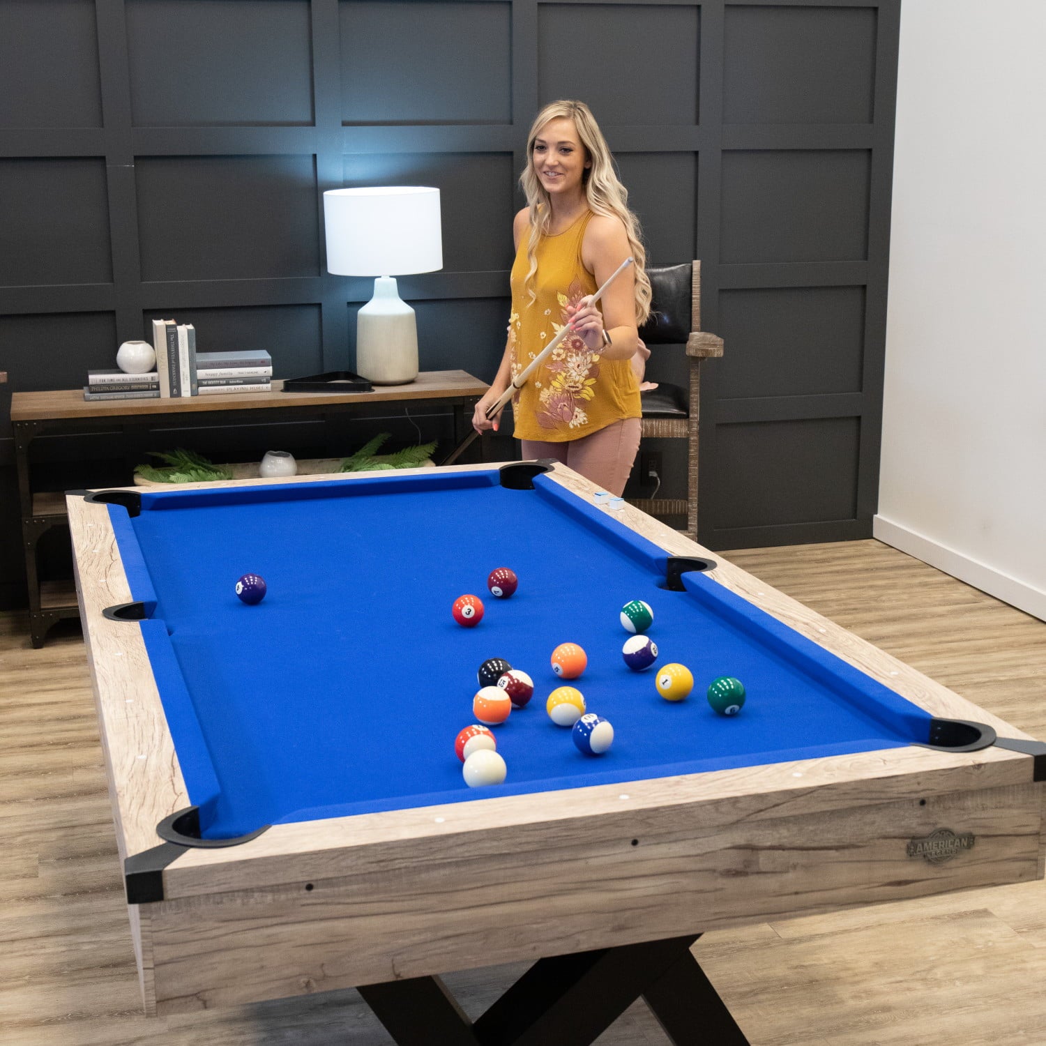 American Legend Kirkwood 84" Billiard Table with Rustic Blond Finish, K-Shaped Legs and Royal Blue Cloth