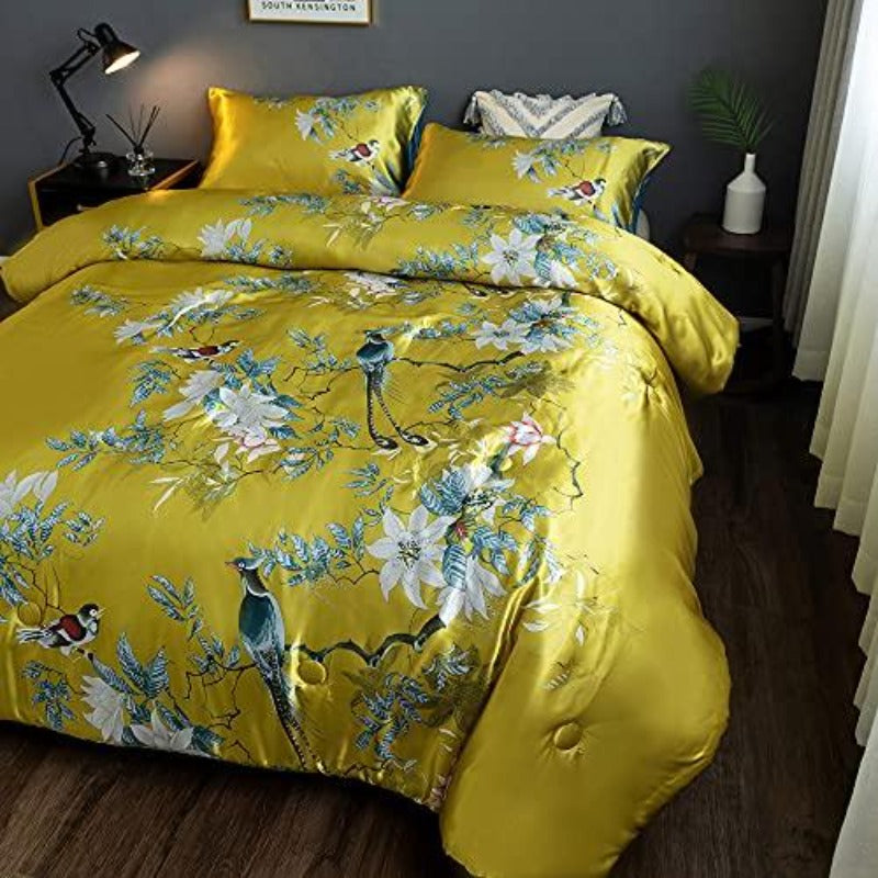 Floral Silky Satin Bird Flower Pattern Bedding Set Luxury Comforter Cover Set