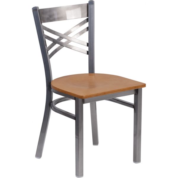 HERCULES Series Clear Coated ''X'' Back Metal Restaurant Chair - Natural Wood Seat