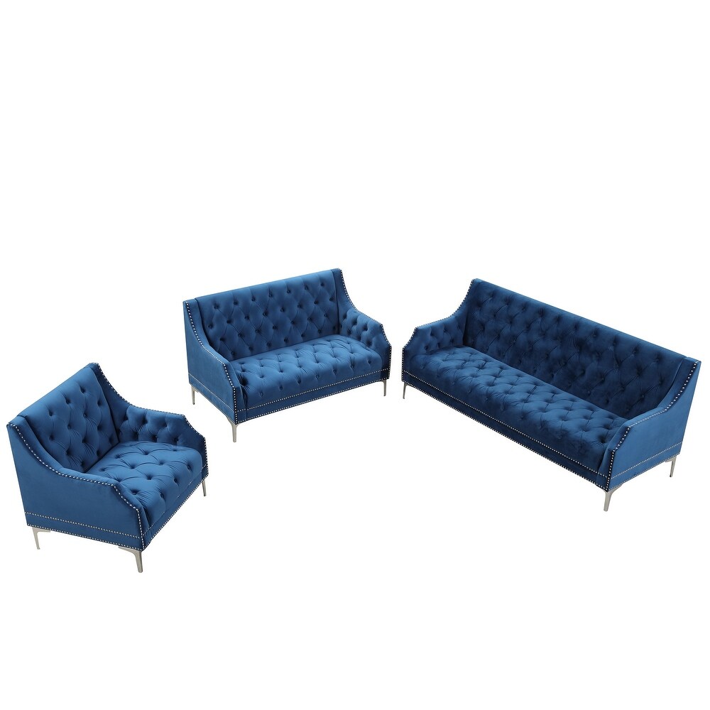 3 Piece Sofa Set Frosted Velvet Upholstered Sofa  Three Seater Sofa  Double Seater   Single Chair with Nailhead Trim Design