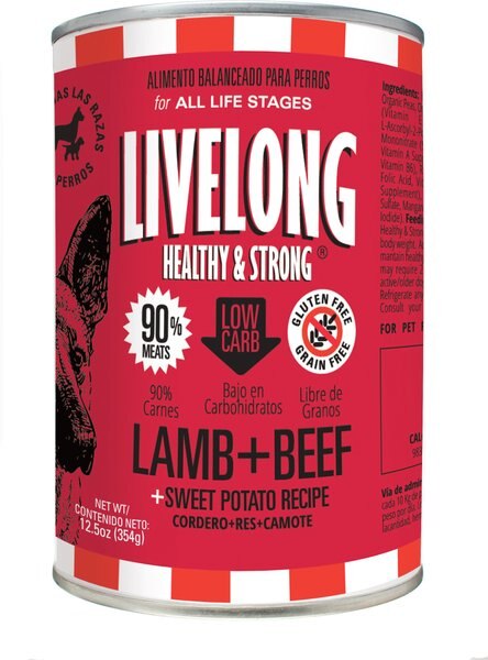 Livelong Healthy and Strong Lamb， Beef and Sweet Potato Recipe Wet Dog Food， 12.5-oz can， case of 12