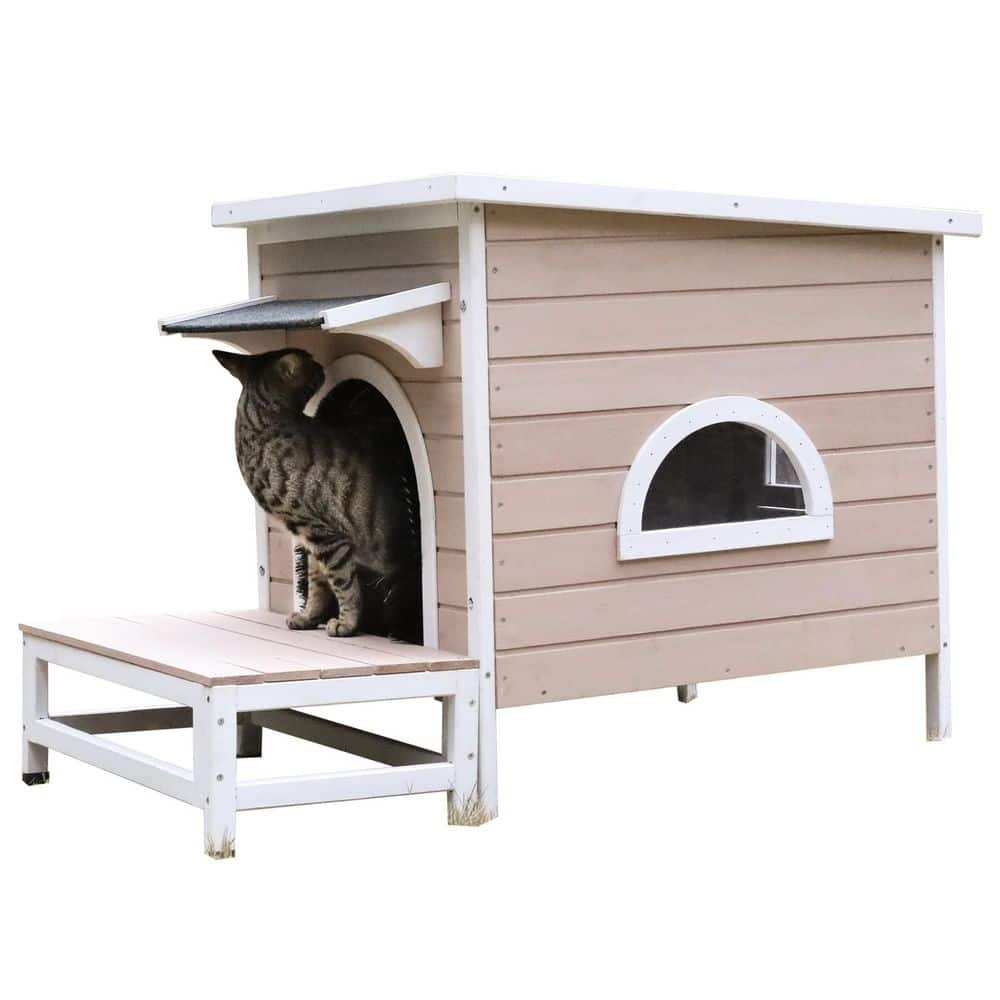 Tatayosi Outdoor Indoor Wooden Cat House with open weatherproof asphalt roof and removable floor J-H-W118840726