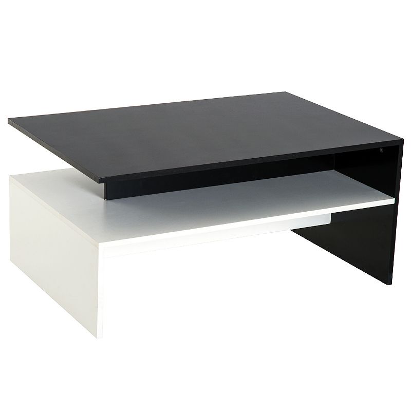 HOMCOM 2 Tier Modern Rectangular Living Room Coffee Table with Open Shelves   Black/White