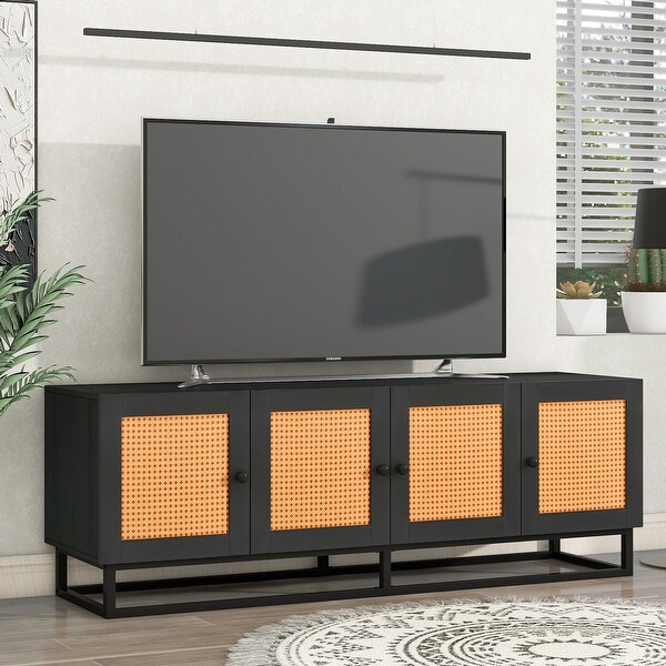 Rattan Doors and 2 Adjustable Panels Wooden TV Console Table