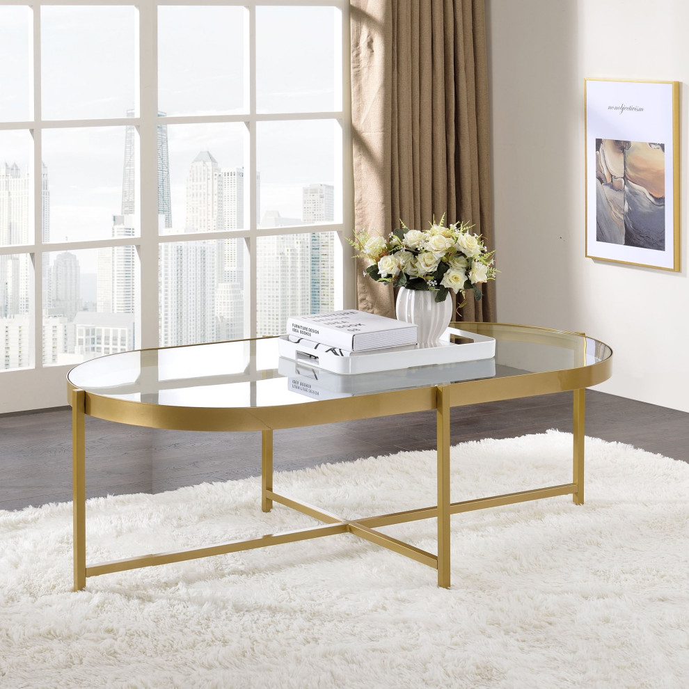 Contemporary Coffee Table  Oval Design With Golden Frame and Tempered Glass Top   Contemporary   Coffee Tables   by Declusia  Houzz