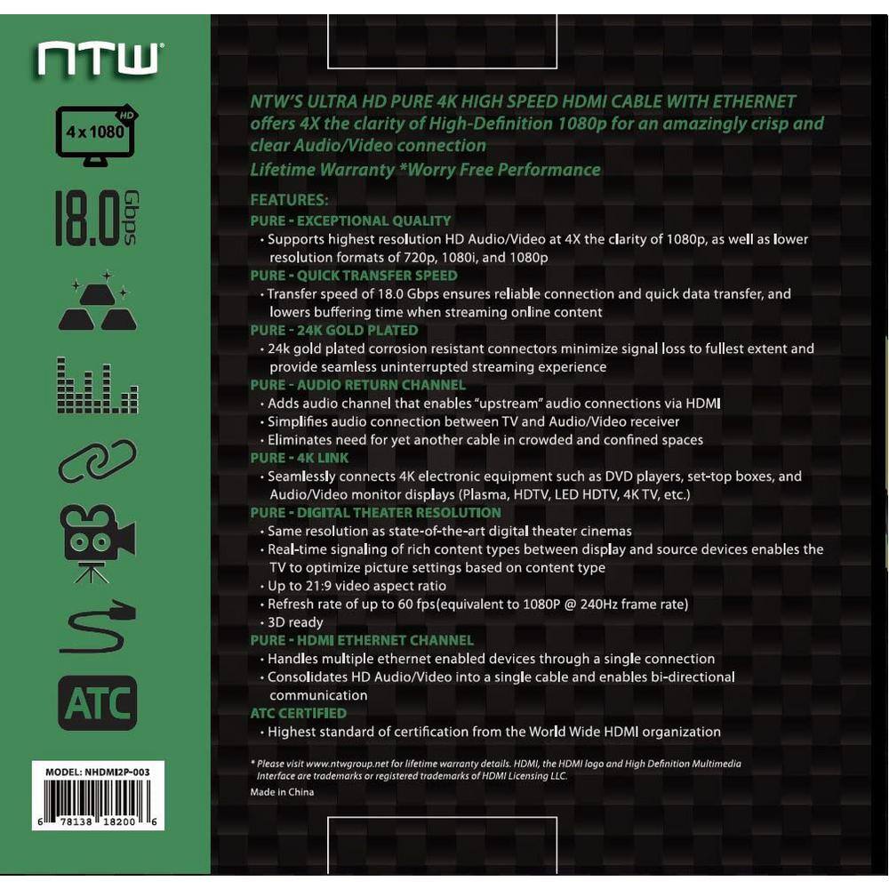 NTW 3 ft. Ultra HD PURE 4K High Speed 18 Gbps HDMI Cable With Ethernet Offers 4X the Clarity of High-Definition 1080p NHDMI2P-003