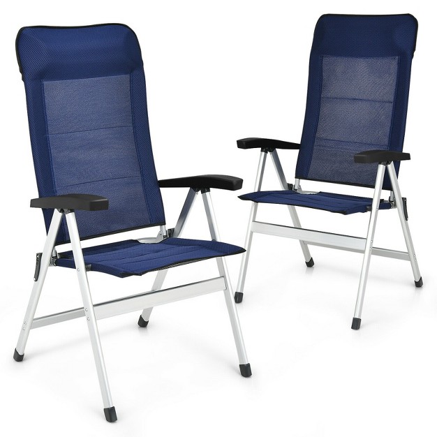 Tangkula 2pcs Outdoor Patio Folding Dining Chairs With Reclining Backrest And Headrest Navy