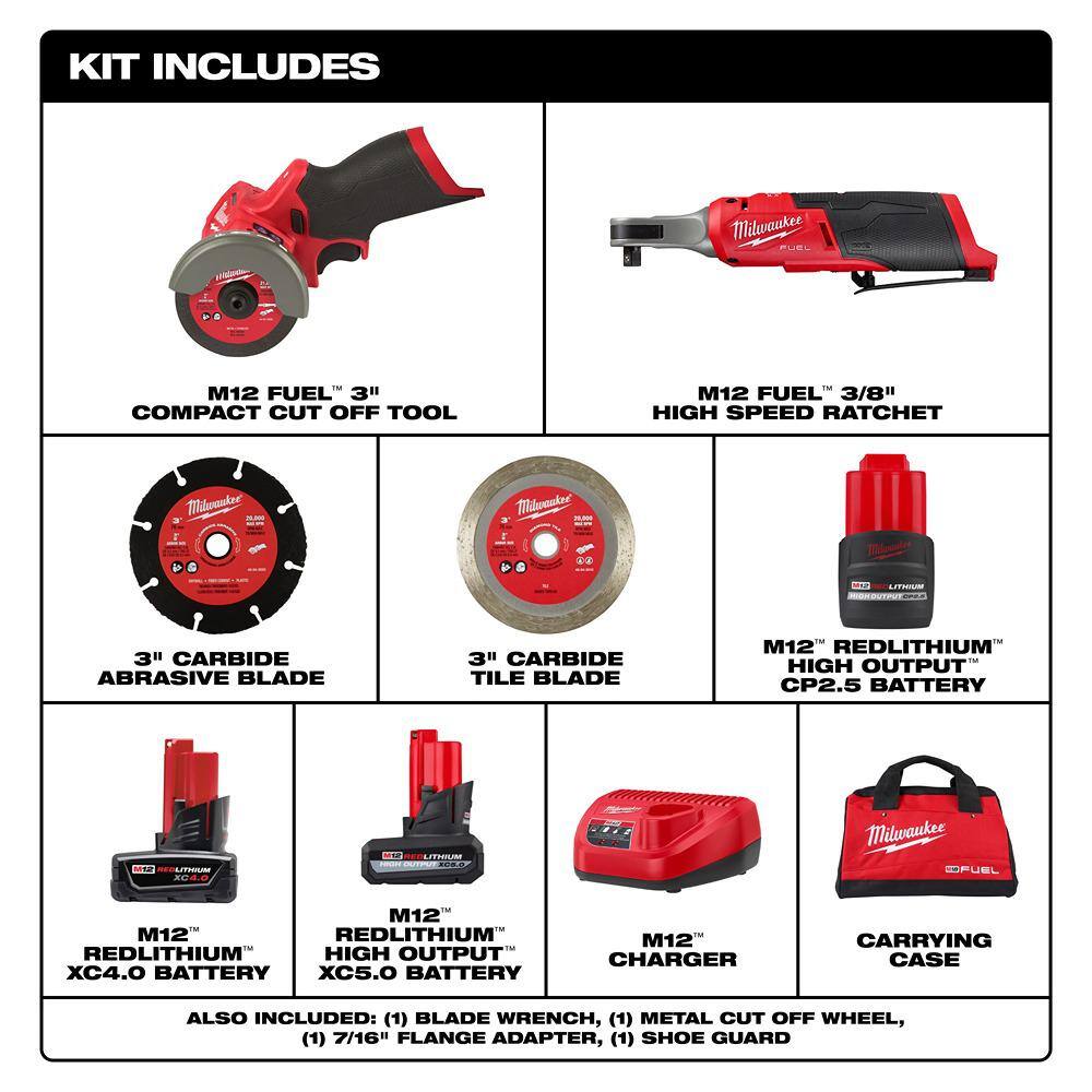 MW M12 FUEL 12V 3 in. Lithium-Ion Brushless Cordless Cut Off Saw Kit  38 in. Ratchet w5.0 Ah  2.5 Ah Batteries 2522-21XC-2567-20-48-11-2450-48-11-2425