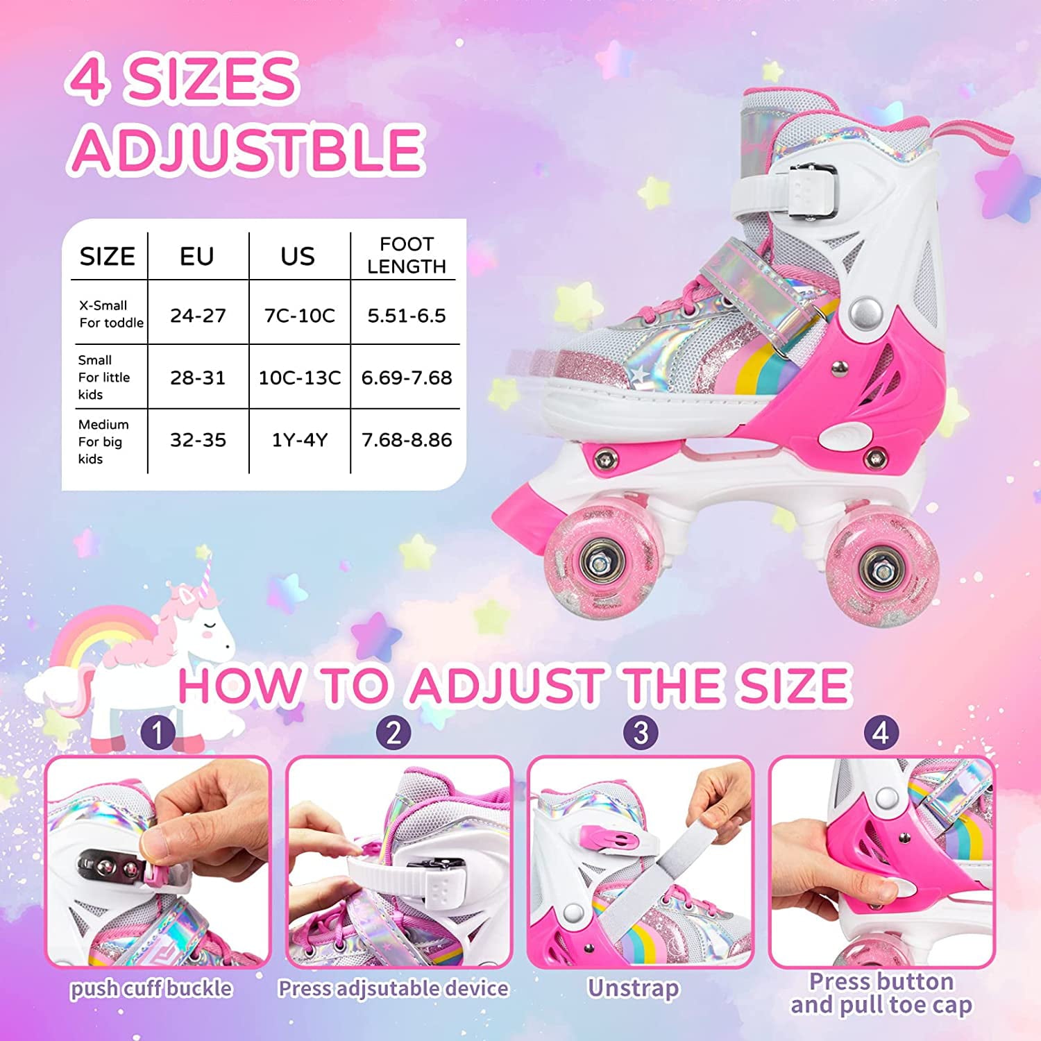 Nattork Roller Skates Rainbow for Gilrs Boys Kids 4 Sizes Adjustable Pink Size S