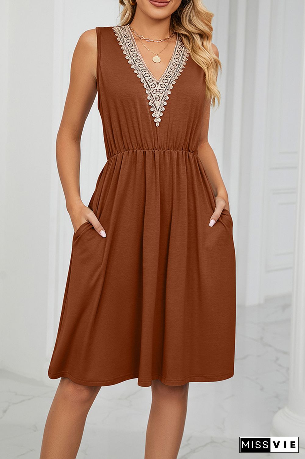 V Neck Lace Edge High Waist Pockets Sleeveless Tank Dress