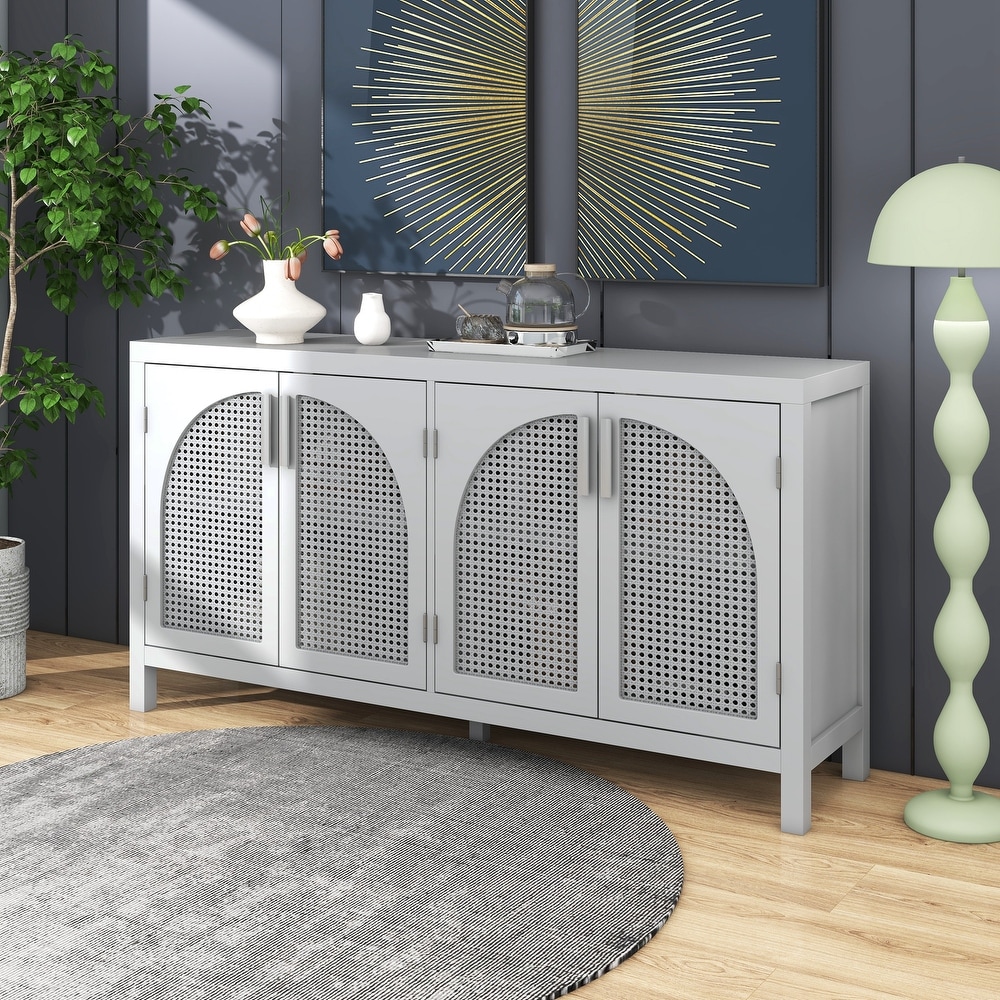 Large Storage Space Sideboard with Artificial Rattan Door and Metal Handles for Living Room   Entryway