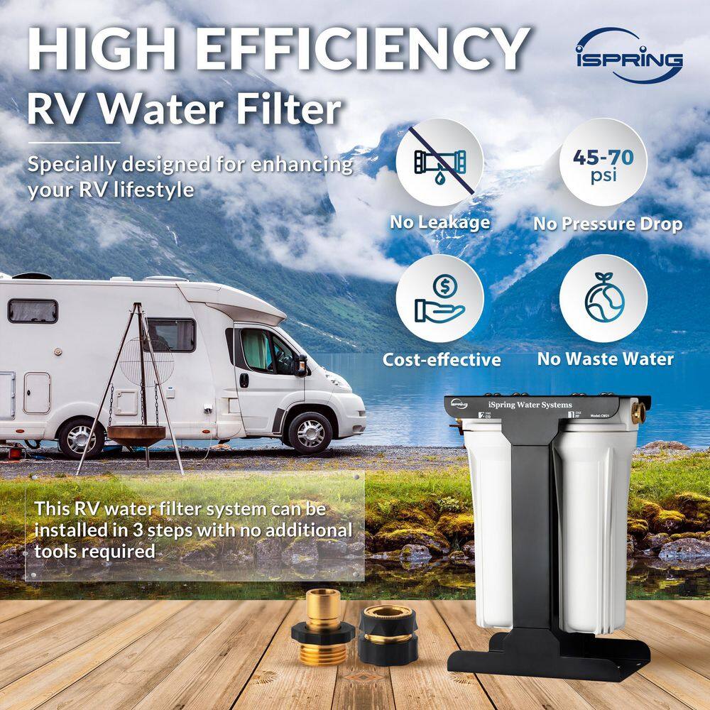 ISPRING CW21 2-Stage Whole House Water Filtration System for RV Sediment CTO Carbon Block Filters Tankless BPA Free CW21